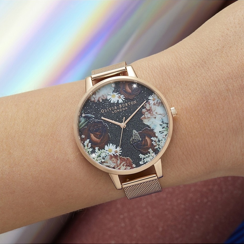 Olivia Burton Winter Blooms Ionic Rose Goldplated Floral-Printed Bracelet Watch